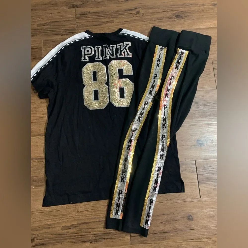 PINK VS HTF 86 BLING CAMPUS TSHIRT/ YOGA LEGGINGS OUTFIT L